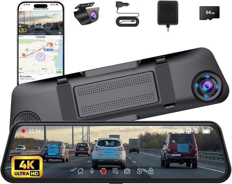Aprilboy 4K + 2.5K Mirror Dash Cam, 12'' Smart Rear View Mirror Camera with with IMX415 Sensor, WiFi, ADAS, BSD, GPS, Full HD Touch Screen, APP Control, Night Vision, Parking Monitoring, Free 64GB Card - Image 1
